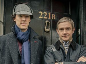 Benedict Cumberbatch and Martin Freeman outside 221B Baker Street