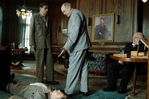 Still from The Death of Stalin with Jeffrey Tambor (Georgy Malenkov), Steve Buscemi, (Nikita Khrushchev) and Simon Russell Beale, (Lavrentiy Beriya)