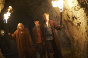 Richard Wilson, Colin Morgan and Bradley James in Merlin