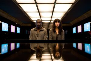still from Black Mirror with Daniel Kaluuya and Jessica Brown Findlay