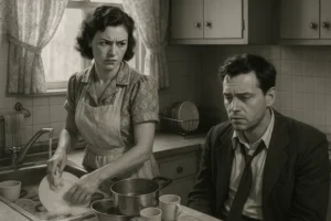 a woman gives a man a disapproving look at a 1950's kitchen sink